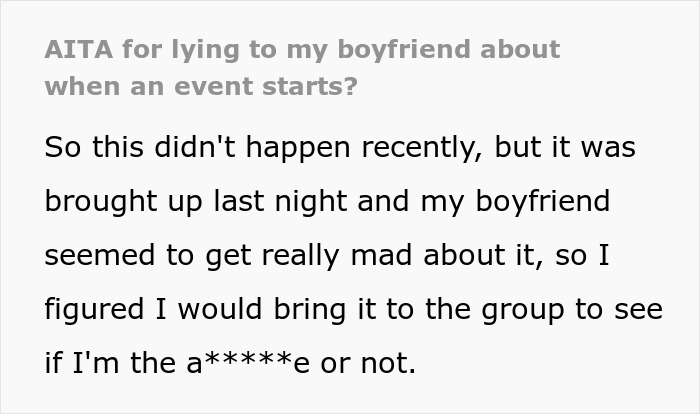 Woman Lies To BF About Event Start Date Because She’s Tired Of His Selfish Behavior Woman Lies To BF About Event Start Date Because She’s Tired Of His Selfish Behavior