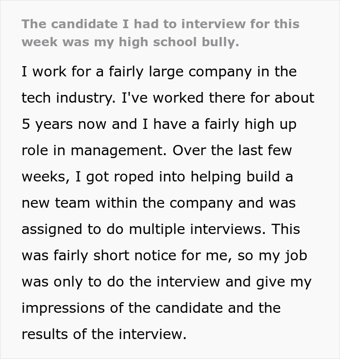 Person Has No Mercy On School Bully 15 Years Later When He Comes For A Job Interview Person Has No Mercy On School Bully 15 Years Later When He Comes For A Job Interview