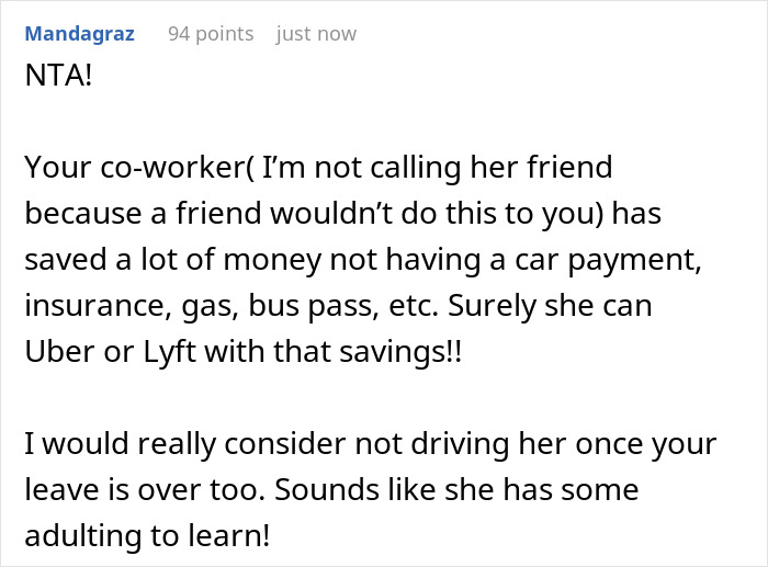 “AITA For Refusing To Ask My Partner If He’ll Drive My Friend To Work When I Go On Maternity Leave?” “AITA For Refusing To Ask My Partner If He’ll Drive My Friend To Work When I Go On Maternity Leave?”