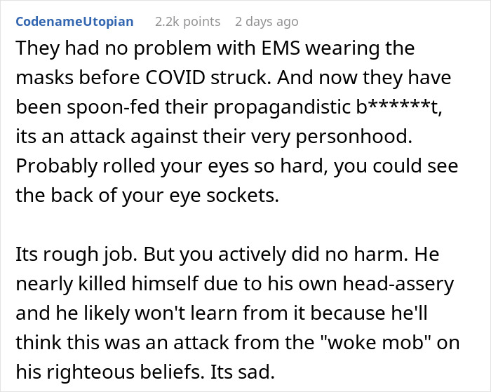 Boomer Demands Paramedics Take Off Their Masks Before Helping Him, So They Just Leave Boomer Demands Paramedics Take Off Their Masks Before Helping Him, So They Just Leave
