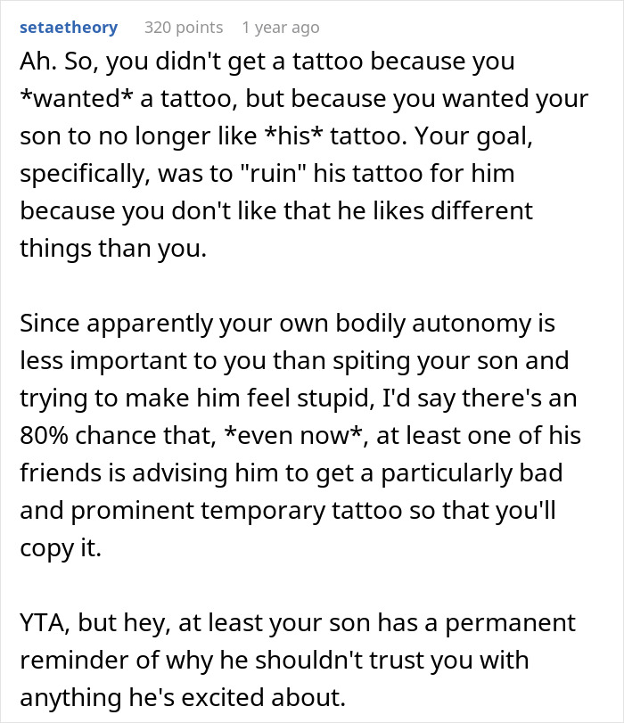 Parent Copies 19 Y.O. Son’s Tattoo To Prove A Point, Gets Called A Jerk Parent Copies 19 Y.O. Son’s Tattoo To Prove A Point, Gets Called A Jerk