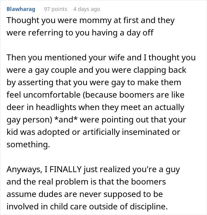 “It Must Be Mommy’s Day Off”: Man Lies About His Wife Being Dead In Response To Boomer’s Comment “It Must Be Mommy’s Day Off”: Man Lies About His Wife Being Dead In Response To Boomer’s Comment