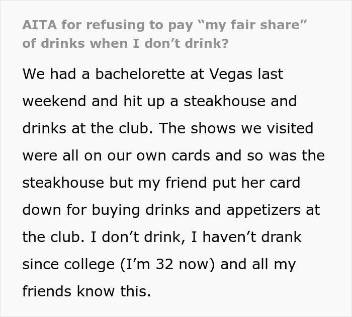 Woman Didn’t Drink Alcohol, Refuses To Pay $470 Of Her ‘Share’ Of Bill, Asks If She’s Wrong Woman Didn’t Drink Alcohol, Refuses To Pay $470 Of Her ‘Share’ Of Bill, Asks If She’s Wrong