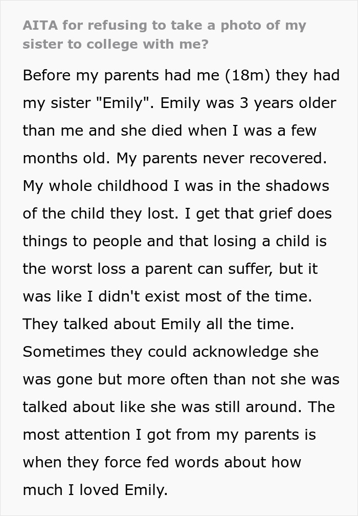 Parents Want 18YO To Forever Grieve Sister He Never Knew, Enraged He Won’t Take Her Pic To Dorm Parents Want 18YO To Forever Grieve Sister He Never Knew, Enraged He Won’t Take Her Pic To Dorm