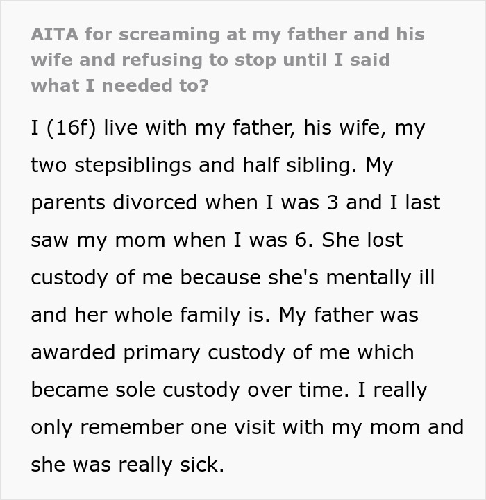 “I Know I’m Mentally Ill”: 16YO’s Mental Illness Ignored By Dad And Stepmom, She Lashes Out “I Know I’m Mentally Ill”: 16YO’s Mental Illness Ignored By Dad And Stepmom, She Lashes Out