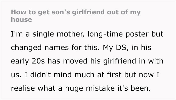 Woman Hates Son’s GF Who Moved In With Them, Asks The Internet For Advice On How To Kick Her Out Woman Hates Son’s GF Who Moved In With Them, Asks The Internet For Advice On How To Kick Her Out