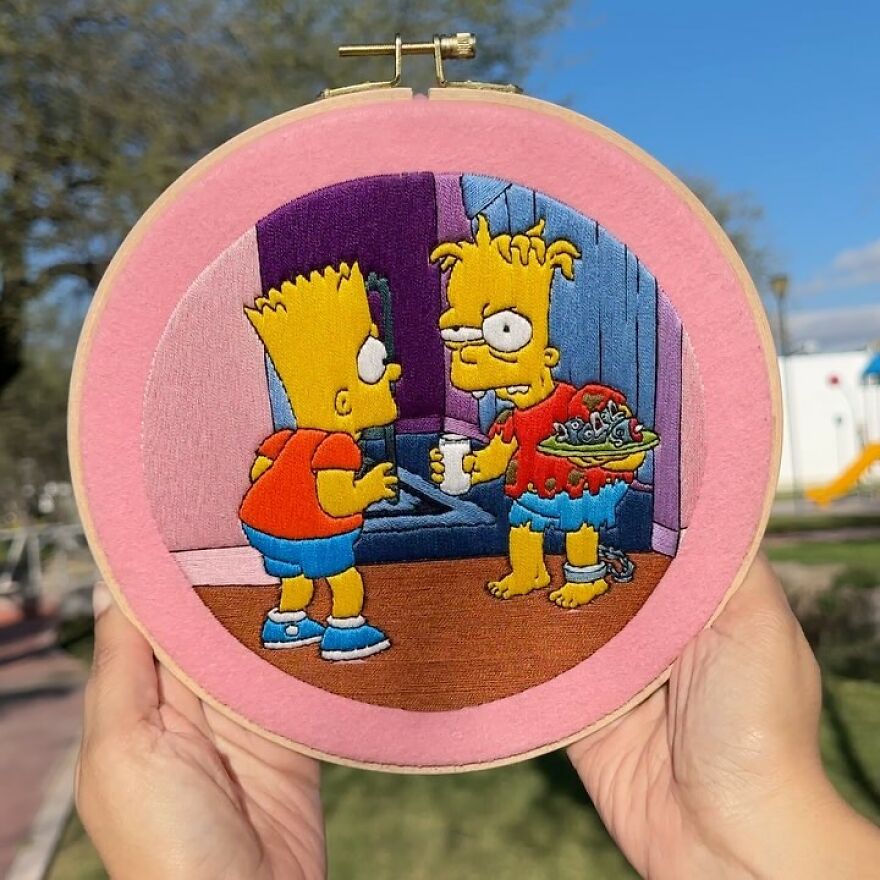 Artist’s 44 Embroidered Scenes From The Simpsons That Take 10 To 30 Hours Each To Make (New Pics)