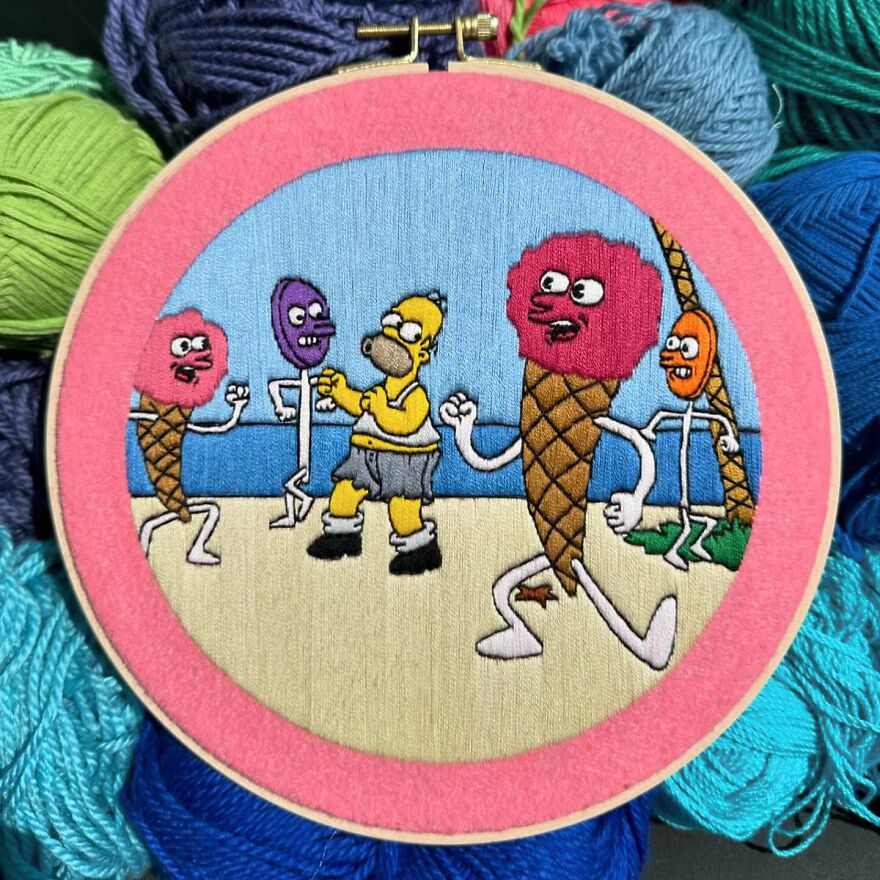 Artist’s 44 Embroidered Scenes From The Simpsons That Take 10 To 30 Hours Each To Make (New Pics)