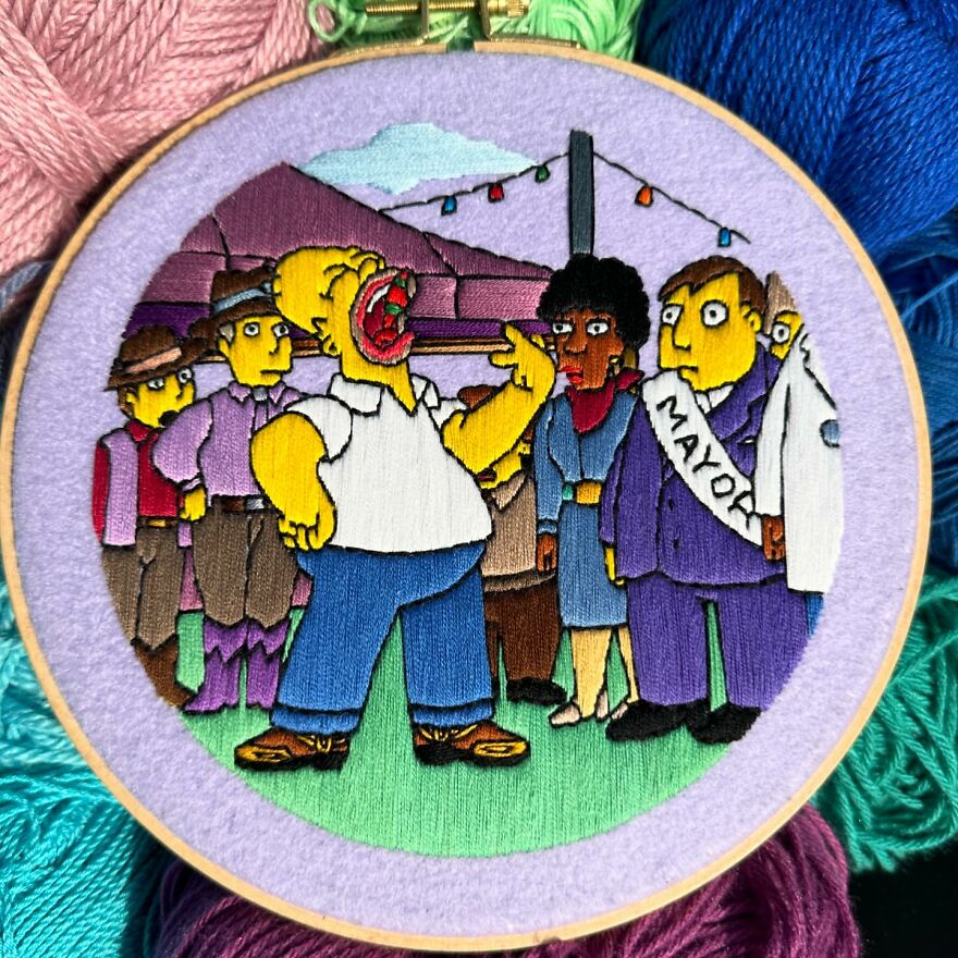 Artist’s 44 Embroidered Scenes From The Simpsons That Take 10 To 30 Hours Each To Make (New Pics)