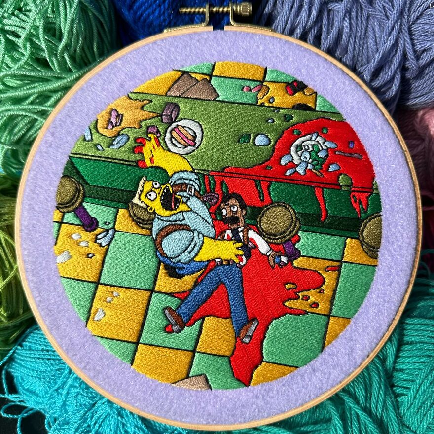 Artist’s 44 Embroidered Scenes From The Simpsons That Take 10 To 30 Hours Each To Make (New Pics)
