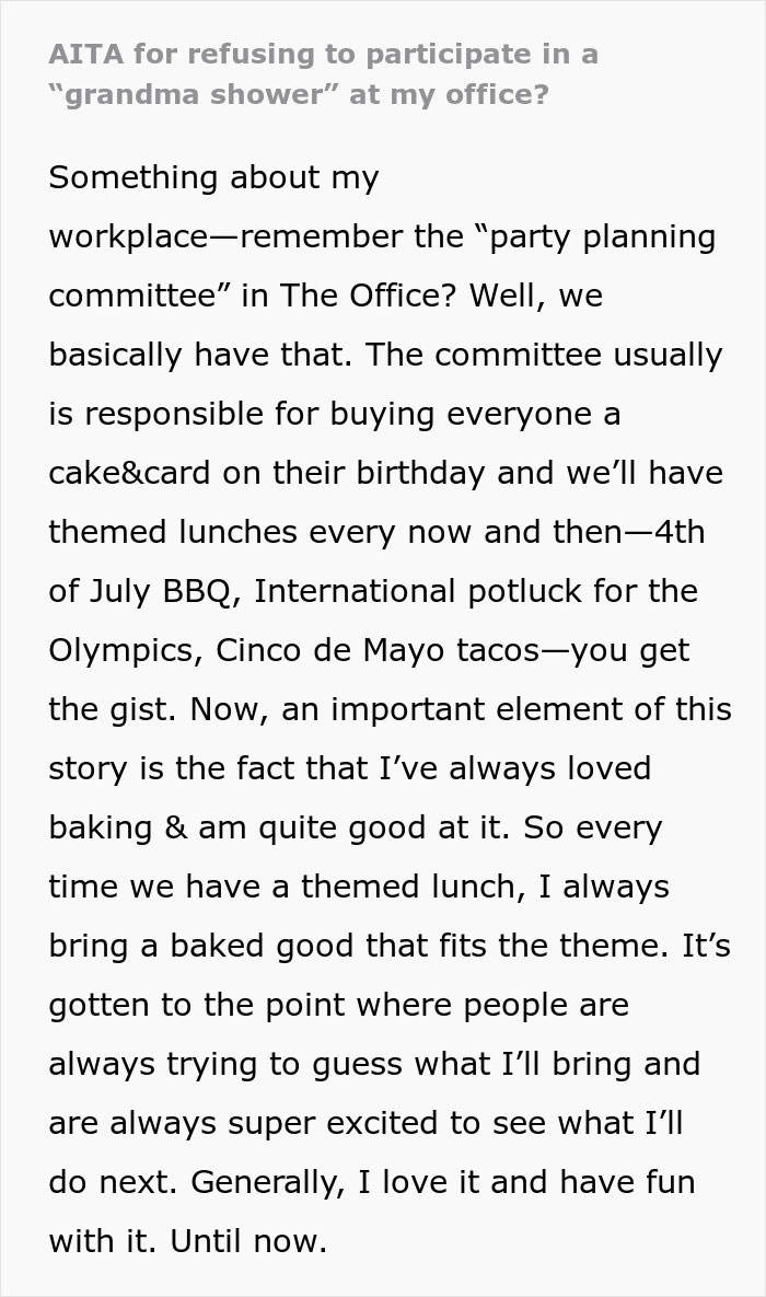 “I Feel Like I Am Right”: Woman Asks If She’s A Jerk To Boycott “Grandma Shower” At Work “I Feel Like I Am Right”: Woman Asks If She’s A Jerk To Boycott “Grandma Shower” At Work
