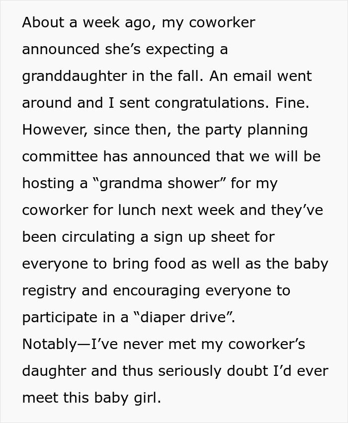 “I Feel Like I Am Right”: Woman Asks If She’s A Jerk To Boycott “Grandma Shower” At Work “I Feel Like I Am Right”: Woman Asks If She’s A Jerk To Boycott “Grandma Shower” At Work