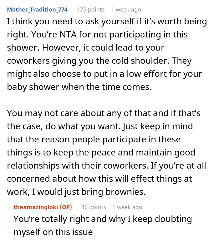 “I Feel Like I Am Right”: Woman Asks If She’s A Jerk To Boycott “Grandma Shower” At Work “I Feel Like I Am Right”: Woman Asks If She’s A Jerk To Boycott “Grandma Shower” At Work