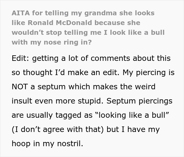 Lady Tells Grandkid She Looks Like A Bull With Her Nose Ring, She Dubs Her Ronald McDonald In Return Lady Tells Grandkid She Looks Like A Bull With Her Nose Ring, She Dubs Her Ronald McDonald In Return