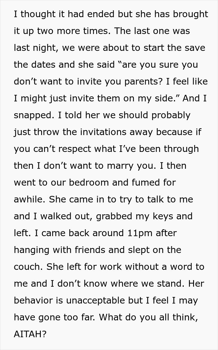 Man Is Livid After Fiancée Insists On Inviting His Toxic Parents, Threatens To Cancel Wedding Man Is Livid After Fiancée Insists On Inviting His Toxic Parents, Threatens To Cancel Wedding