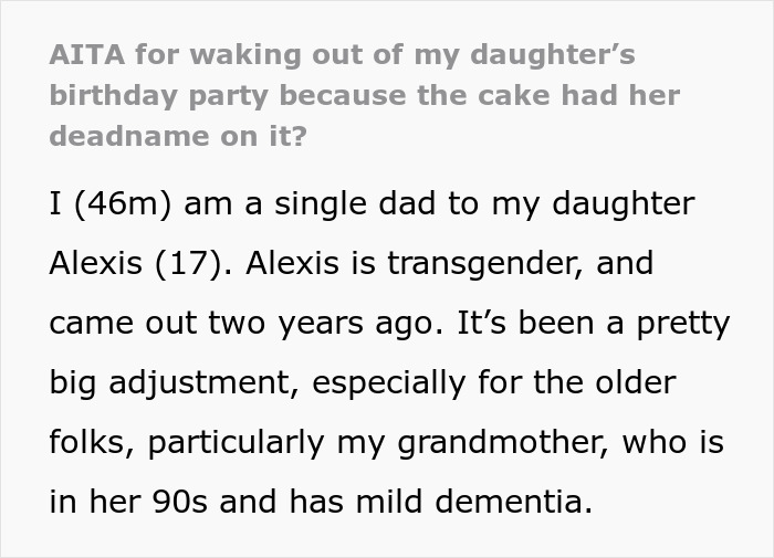 Dad Asks If He&rsquo;s The [Jerk] For Leaving His Kid&rsquo;s B-Day Party Because Cake Had Her Deadname On It