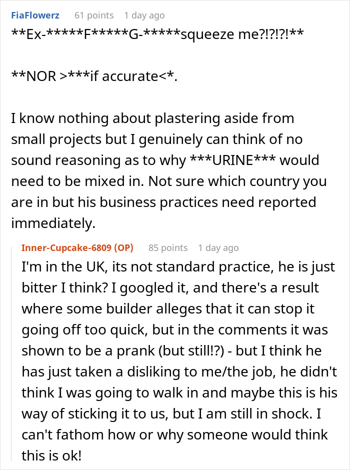 Woman Busts Worker Peeing In The Plaster Mix For Her Kitchen, Demands Company Take Everything Down Woman Busts Worker Peeing In The Plaster Mix For Her Kitchen, Demands Company Take Everything Down