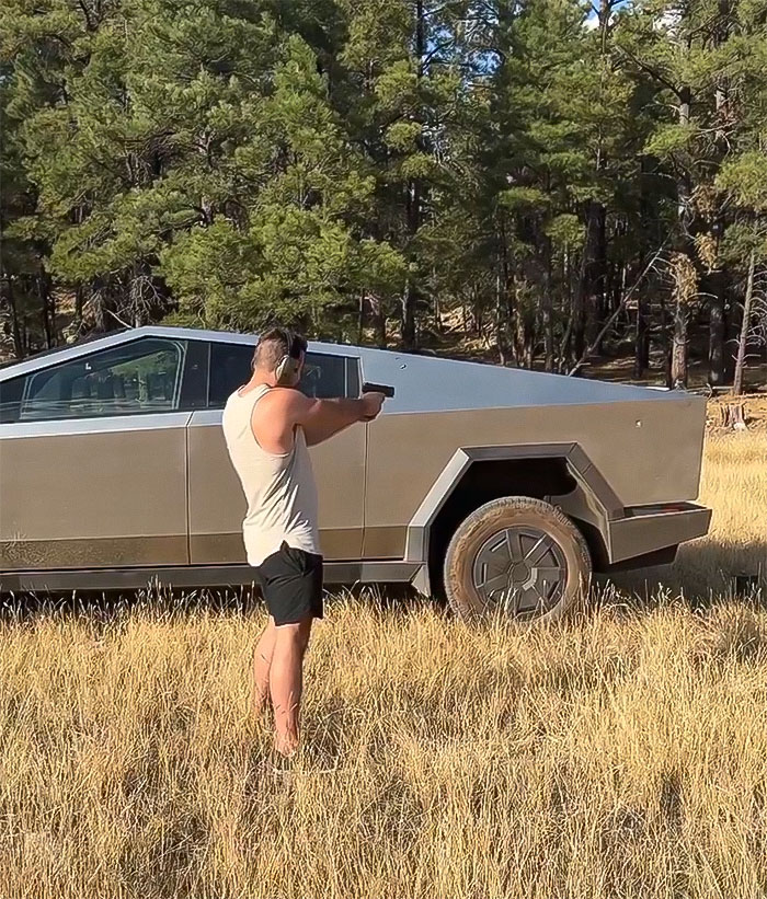 Man Fires Bullets Into His Cybertruck To Test If Elon Musk’s Bulletproof Claims Are Real Man Fires Bullets Into His Cybertruck To Test If Elon Musk’s Bulletproof Claims Are Real