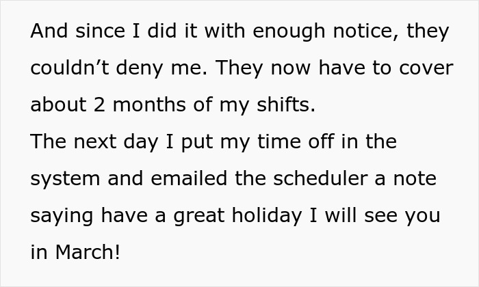 “Can’t Carry Over 1 PTO Day? See You In February”: Person Maliciously Complies “Can’t Carry Over 1 PTO Day? See You In February”: Person Maliciously Complies