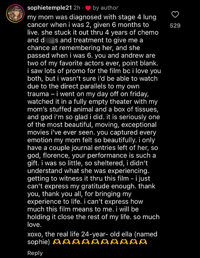 Florence Pugh Praised For Heartwarming Response To Fan Who Lost Her Mom To Cancer Florence Pugh Praised For Heartwarming Response To Fan Who Lost Her Mom To Cancer