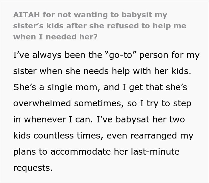 Mom Refuses To Help Sibling During An Emergency, Is Shocked They Won’t Come At Her Beck And Call Mom Refuses To Help Sibling During An Emergency, Is Shocked They Won’t Come At Her Beck And Call