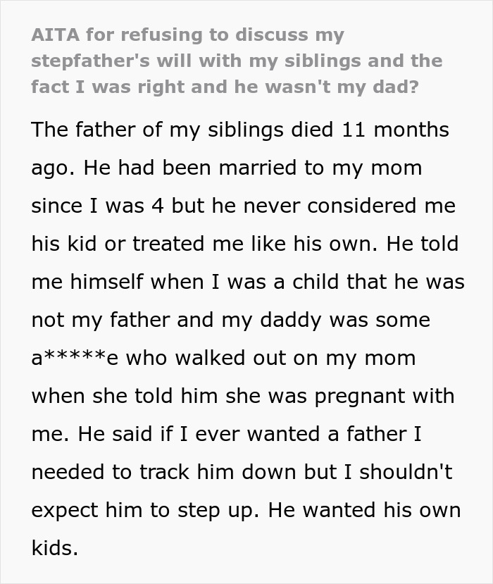 Only After Lady’s Skipped In Stepdad’s Will, Half-Siblings Realize She Was Honest About His Behavior Only After Lady’s Skipped In Stepdad’s Will, Half-Siblings Realize She Was Honest About His Behavior