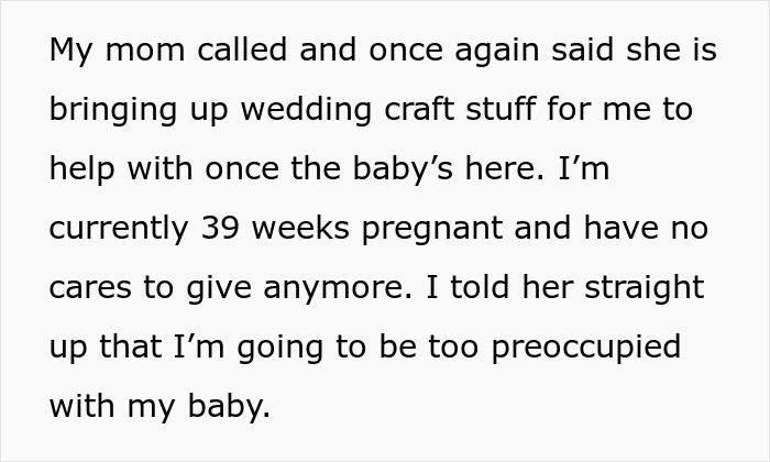 &ldquo;[Am I The Jerk] For Telling My Mom I Won&rsquo;t Help With Sister&rsquo;s Wedding Prep After Giving Birth?&rdquo;