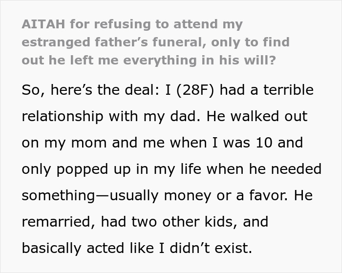 “I Didn’t Feel Anything”: Woman Refuses To Attend Dad’s Funeral, Is Shocked After Reading His Will “I Didn’t Feel Anything”: Woman Refuses To Attend Dad’s Funeral, Is Shocked After Reading His Will