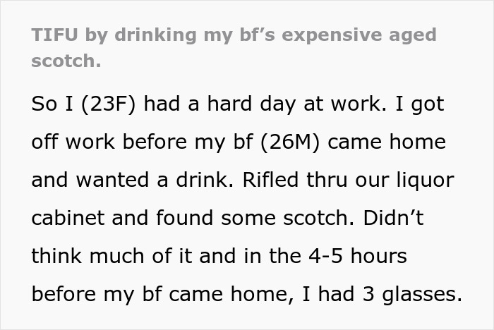 Man Discovers GF Drank The Costly 30YO Scotch He Was Saving To Gift To A Friend, Gets Livid