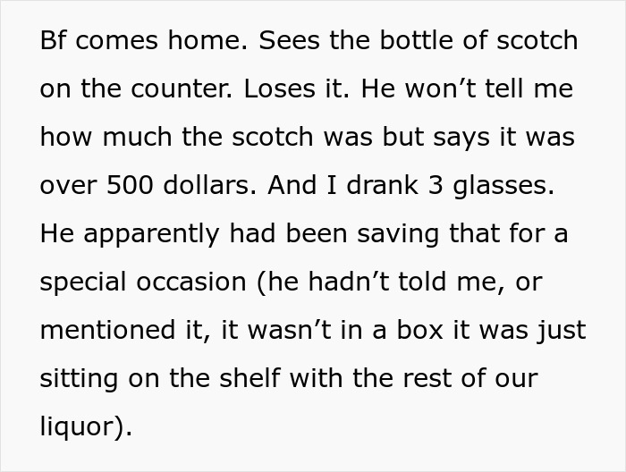 Man Discovers GF Drank The Costly 30YO Scotch He Was Saving To Gift To A Friend, Gets Livid