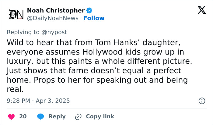 Tom Hanks’ Daughter Opens Up About Childhood Filled With “Confusion, Violence, Deprivation” Tom Hanks’ Daughter Opens Up About Childhood Filled With “Confusion, Violence, Deprivation”