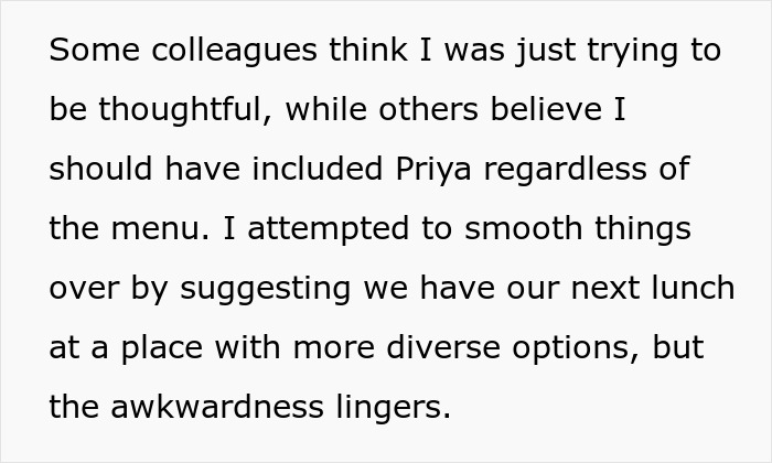 “[Am I The Jerk] For Not Inviting My Coworker To A Team Lunch Because Of Her Dietary Preferences?”