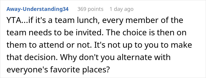 “[Am I The Jerk] For Not Inviting My Coworker To A Team Lunch Because Of Her Dietary Preferences?”
