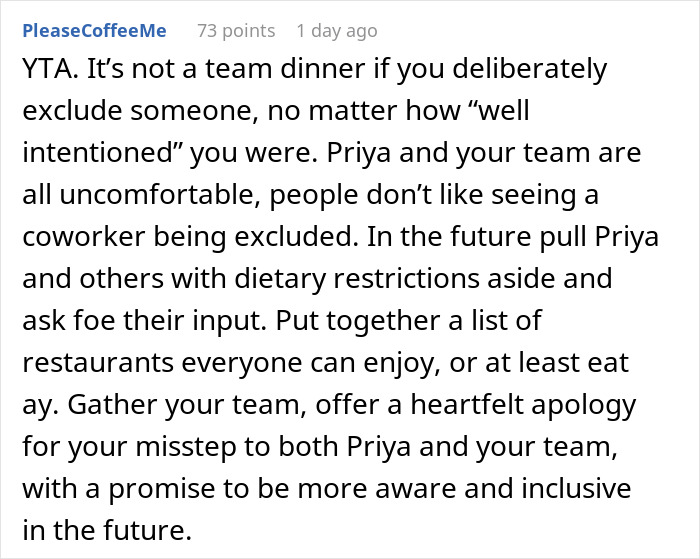 “[Am I The Jerk] For Not Inviting My Coworker To A Team Lunch Because Of Her Dietary Preferences?”