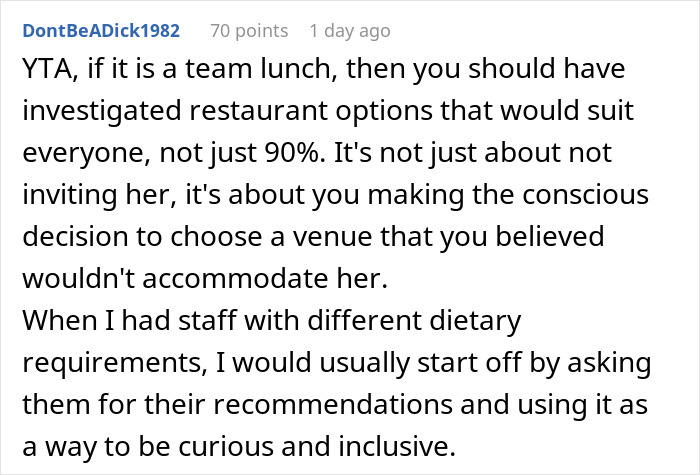 “[Am I The Jerk] For Not Inviting My Coworker To A Team Lunch Because Of Her Dietary Preferences?”