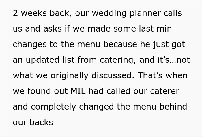 Sneaky MIL Thinks She Has Changed Couple’s Wedding Menu, Is About To Be Surprised At The Ceremony