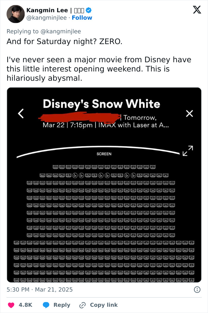 “Launch A GoFundMe”: Humiliating Photos Showing Empty Theaters For ‘Snow White’ Go Viral “Launch A GoFundMe”: Humiliating Photos Showing Empty Theaters For ‘Snow White’ Go Viral