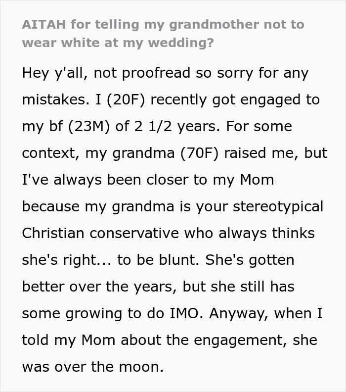 “It Is MY Day”: Bride Tells Grandma She Can’t Wear White At Her Wedding, Starts Family Drama “It Is MY Day”: Bride Tells Grandma She Can’t Wear White At Her Wedding, Starts Family Drama