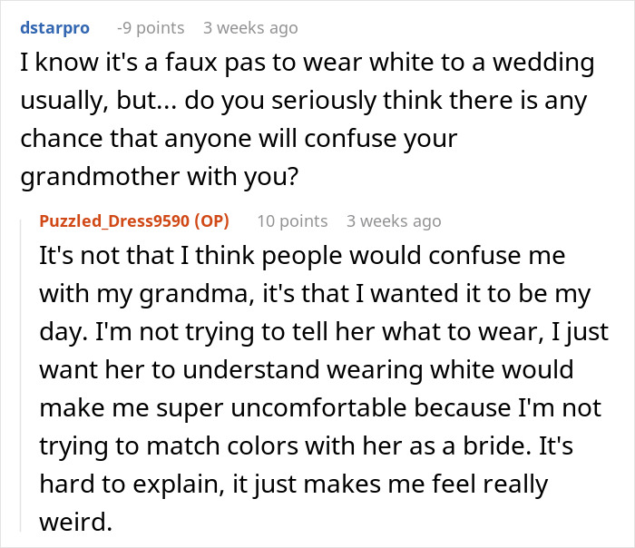 “It Is MY Day”: Bride Tells Grandma She Can’t Wear White At Her Wedding, Starts Family Drama “It Is MY Day”: Bride Tells Grandma She Can’t Wear White At Her Wedding, Starts Family Drama