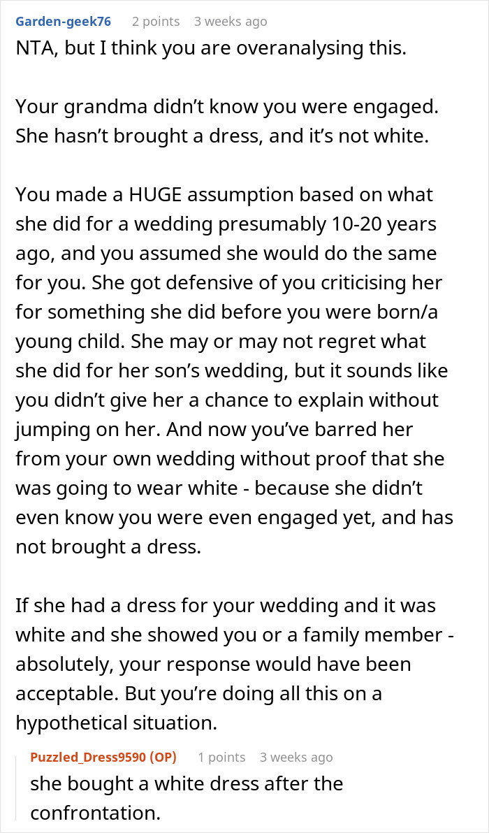 “It Is MY Day”: Bride Tells Grandma She Can’t Wear White At Her Wedding, Starts Family Drama “It Is MY Day”: Bride Tells Grandma She Can’t Wear White At Her Wedding, Starts Family Drama