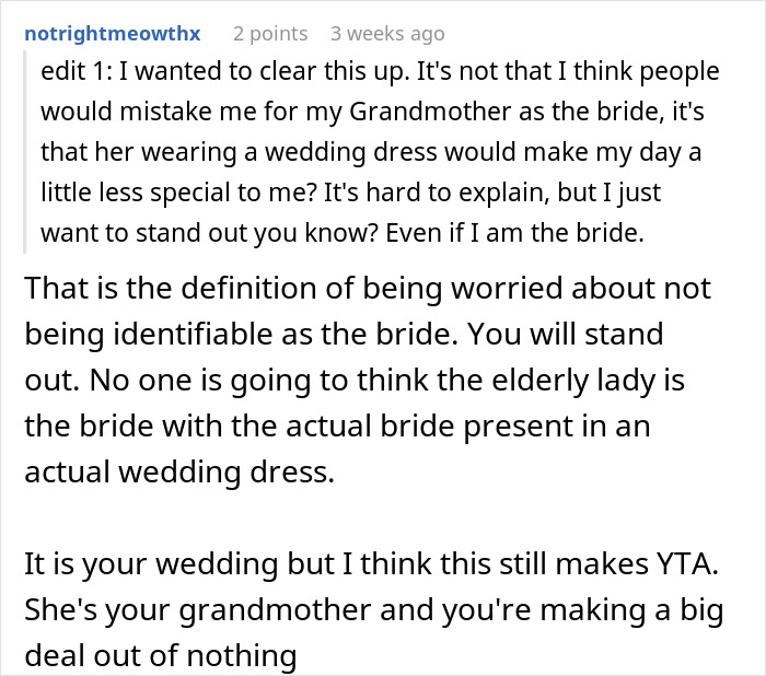 “It Is MY Day”: Bride Tells Grandma She Can’t Wear White At Her Wedding, Starts Family Drama “It Is MY Day”: Bride Tells Grandma She Can’t Wear White At Her Wedding, Starts Family Drama
