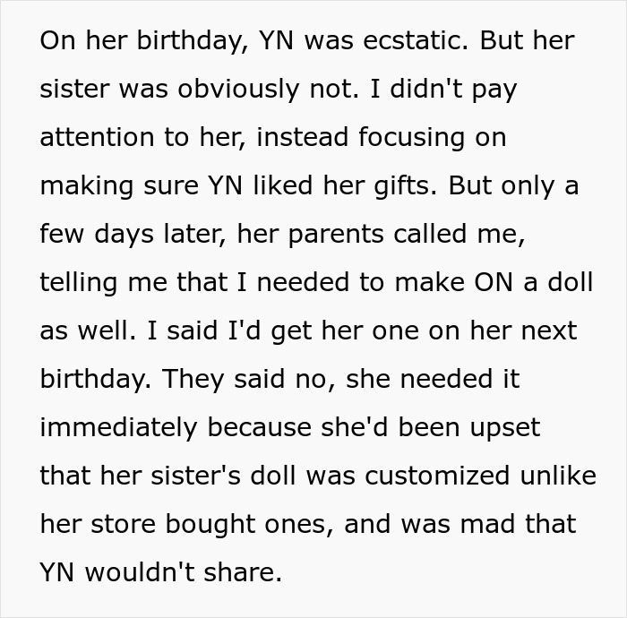 5YO Gets Custom Doll From Aunt, Golden Child Wants One Too, Parents Refuse When They Come Demanding 5YO Gets Custom Doll From Aunt, Golden Child Wants One Too, Parents Refuse When They Come Demanding