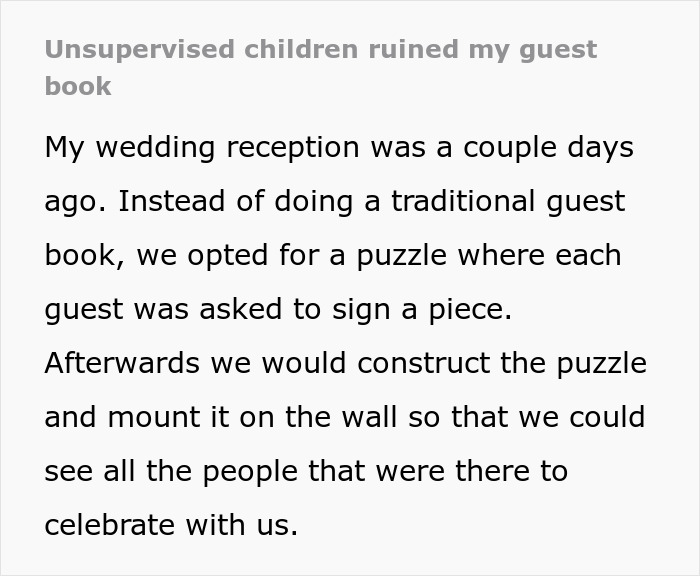 Lady Vows Her Wedding Will Be Her Last Kid-Friendly Event After They Ruin Her Unique Guest Book Lady Vows Her Wedding Will Be Her Last Kid-Friendly Event After They Ruin Her Unique Guest Book