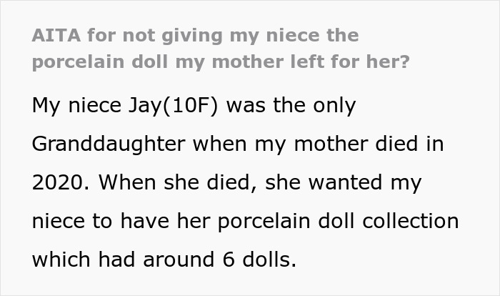Lady Asks Net, &ldquo;Am I The [Jerk] For Not Giving My Niece The Porcelain Doll My Mother Left For Her?&rdquo;
