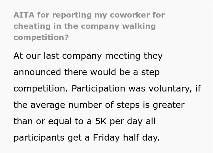Person Reports Coworker Who Suddenly “Walks” 65K Steps In A Day In Company Competition, She’s Irked Person Reports Coworker Who Suddenly “Walks” 65K Steps In A Day In Company Competition, She’s Irked
