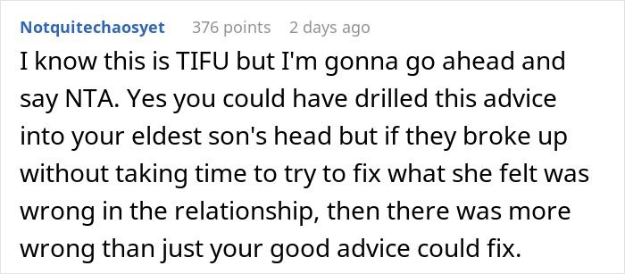 Dating Advice To Younger Son Accidentally Leads To Eldest’s Breakup As The GF Realized Her Worth