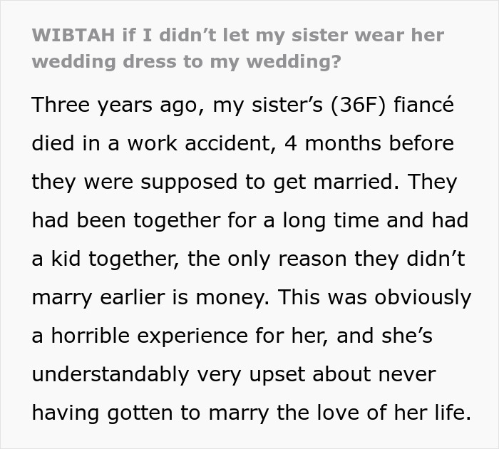 &ldquo;Would I Be The [Jerk] If I Didn&rsquo;t Let My Sister Wear Her Wedding Dress To My Wedding?&rdquo;