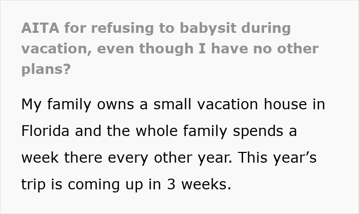 Guy Says No Way To Babysitting On Vacation, Gets Branded “Selfish” For Having A Life Guy Says No Way To Babysitting On Vacation, Gets Branded “Selfish” For Having A Life
