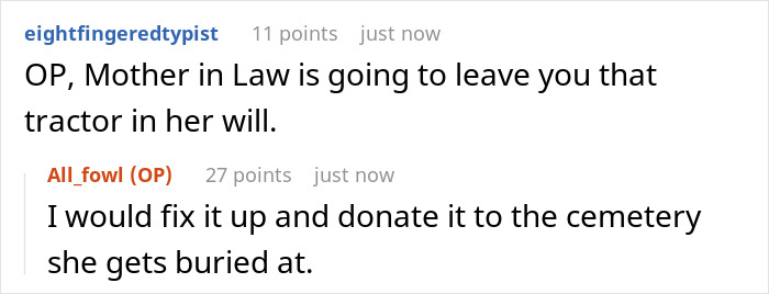 Toxic MIL Picks A Fight Over An Inherited Tractor, Son-In-Law Gives It Back With Maximum Pettiness Toxic MIL Picks A Fight Over An Inherited Tractor, Son-In-Law Gives It Back With Maximum Pettiness