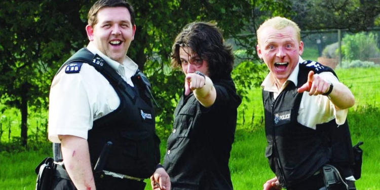 Nick Frost, Edgar Wright, and Simon Pegg on the Set of Hot Fuzz (2007)